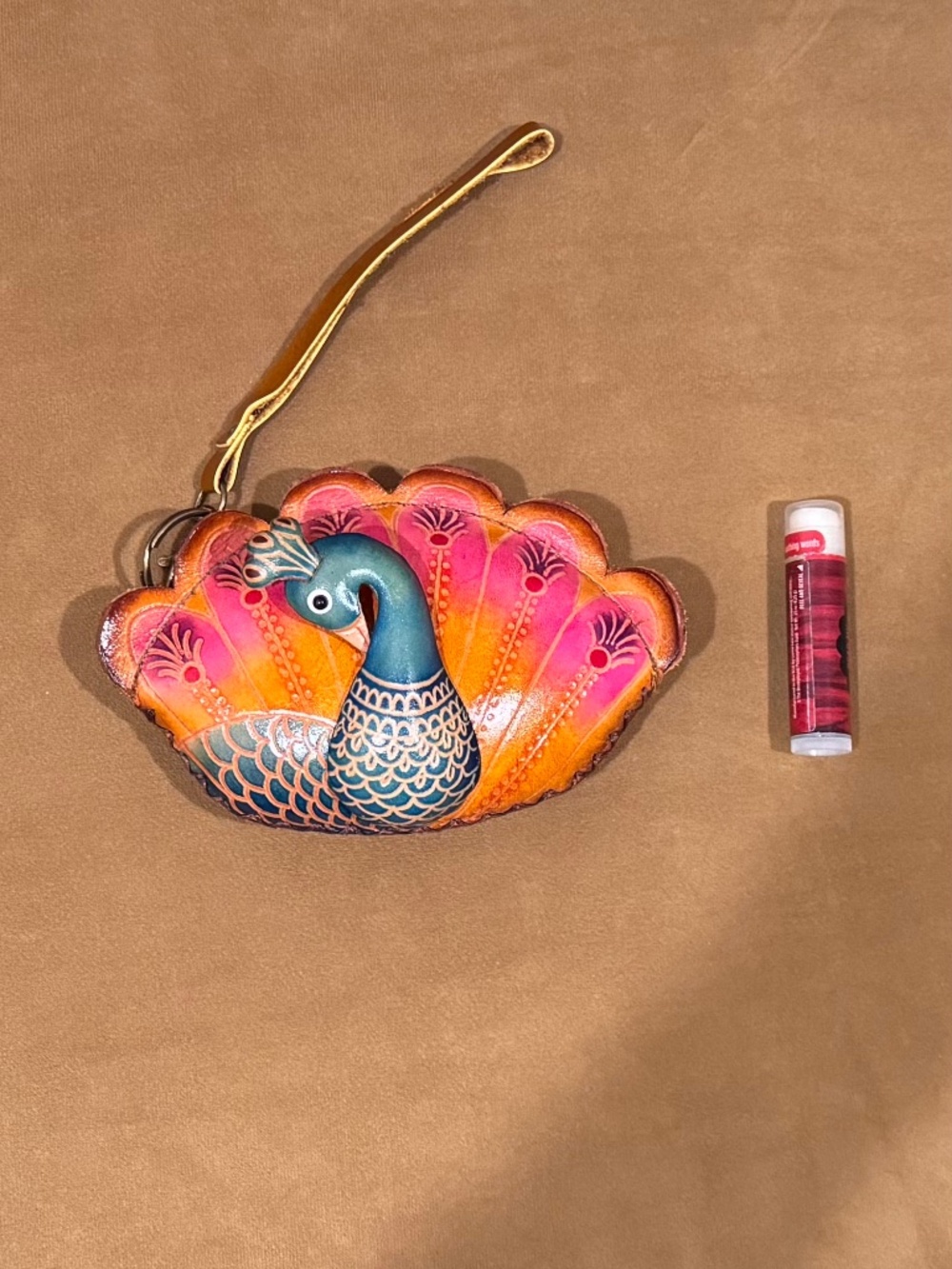 Hand Painted Leather Peacock Coin Purse Keychain Boho Wallet Pouch - Picture 4 of 5